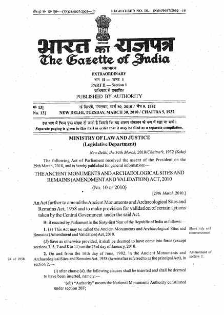 THE ANCIENT MONUMENTS AND ARCHAEOLOGICAL SITES AND REMAINS (AMENDMENT AND VALIDATION) ACT, 2010