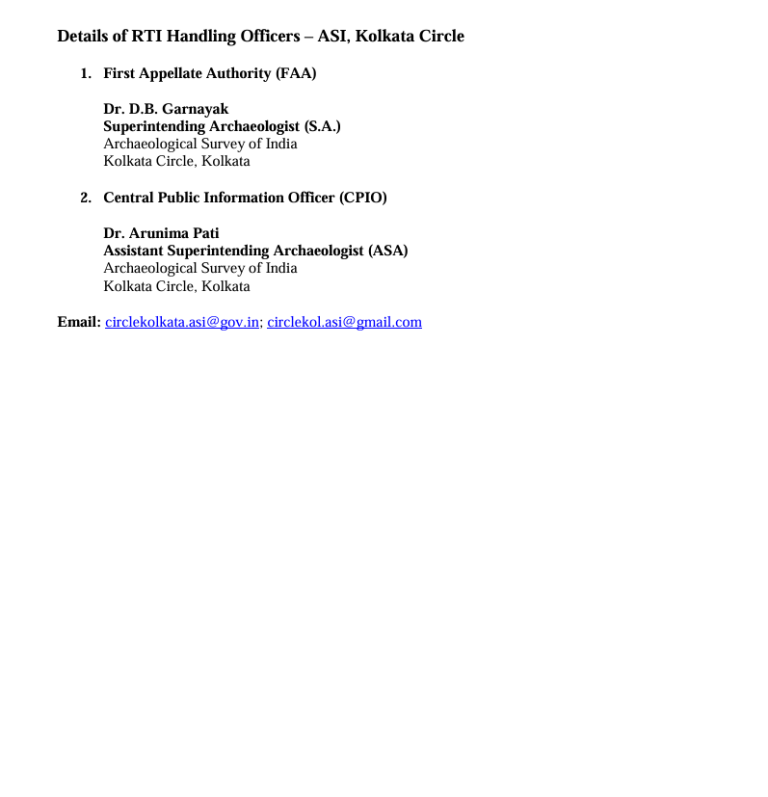 Details of RTI handling Officers of ASI
